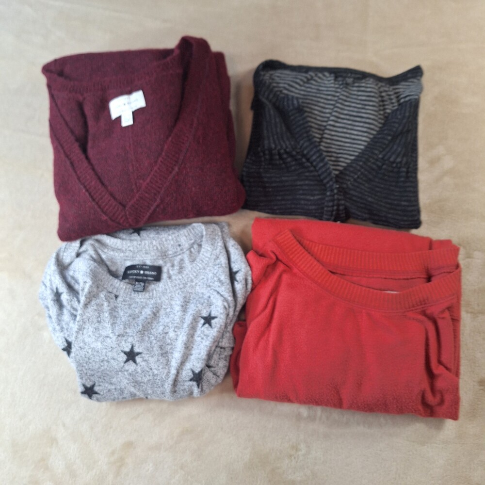 Lucky Brand Sweater Womens XL Lot 4 V-Neck Star Print Red Striped Orange